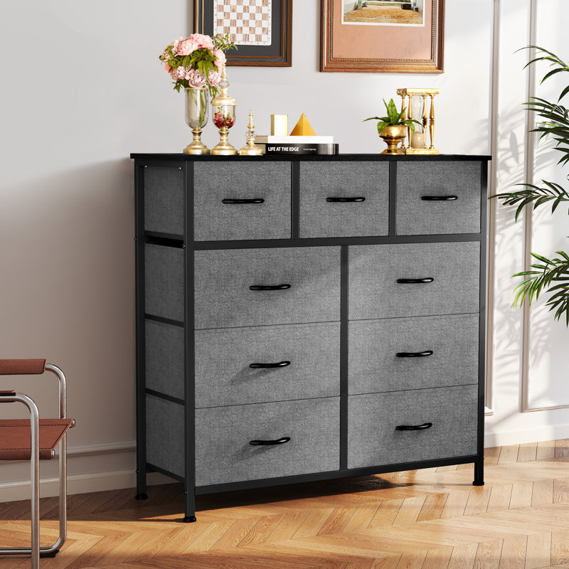 39.37'' W 9-Drawer Fabric Dresser with Wood Top, Storage Chest, Gray/Black