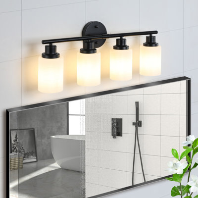 24" 4‑Light Modern Bathroom Vanity Light, Black Metal Wall Sconce with Frosted White Glass Shades, Contemporary Wall Lighting for Bathroom Mirror, Bedroom, Dressing Room, Bulbs Not Included