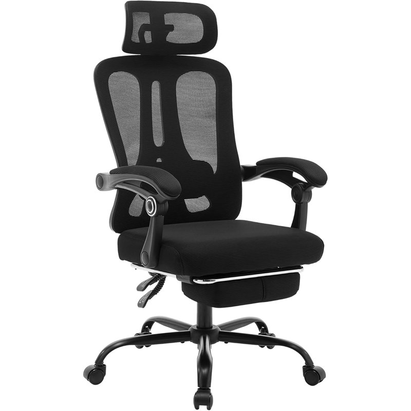 Chaise de bureau ergonomique en filet avec repose-pieds - Chaise de bureau pivotante à haut dossier avec appui-tête et support lombaire réglable pour la maison, le bureau et les jeux (noir)