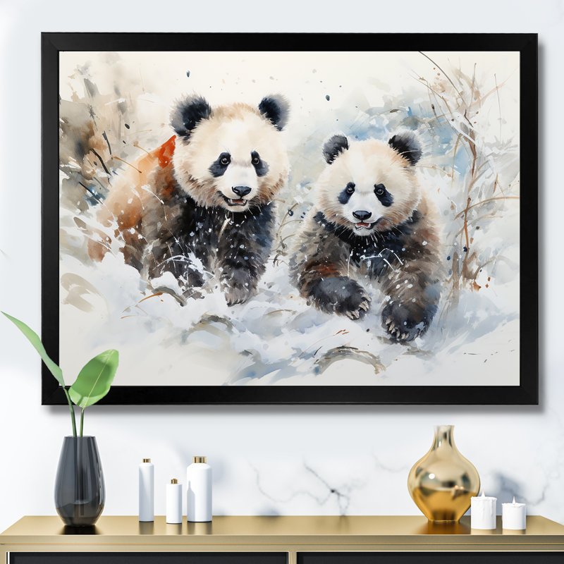 Panda jouant dans un paysage d'hiver - Ours 2, art mural, Cadre d'angle fermé noir, H 24 po x l 32 po x P 1 po
