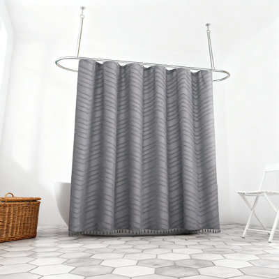 Shower Curtain Fabric Textured Tufted Chevron Design Waterproof Polyester Bathroom Decor With Tassels