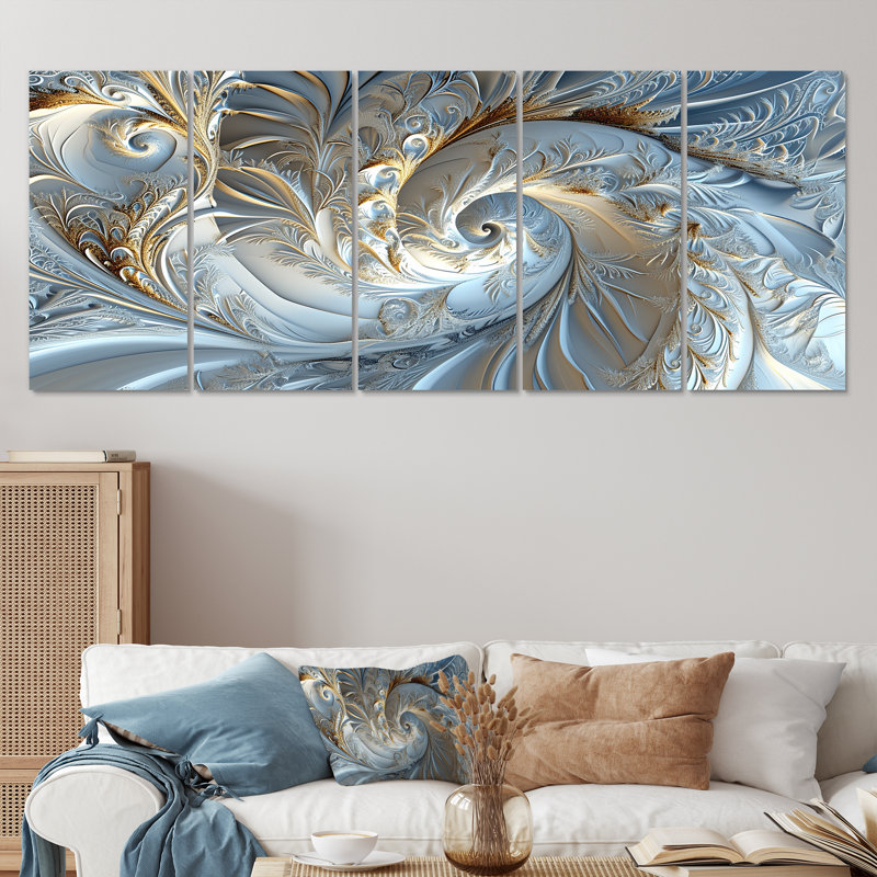 «Light Blue Fractal River - Abstract Spirals», art mural 5 pièces, H 32 po x l 80 po