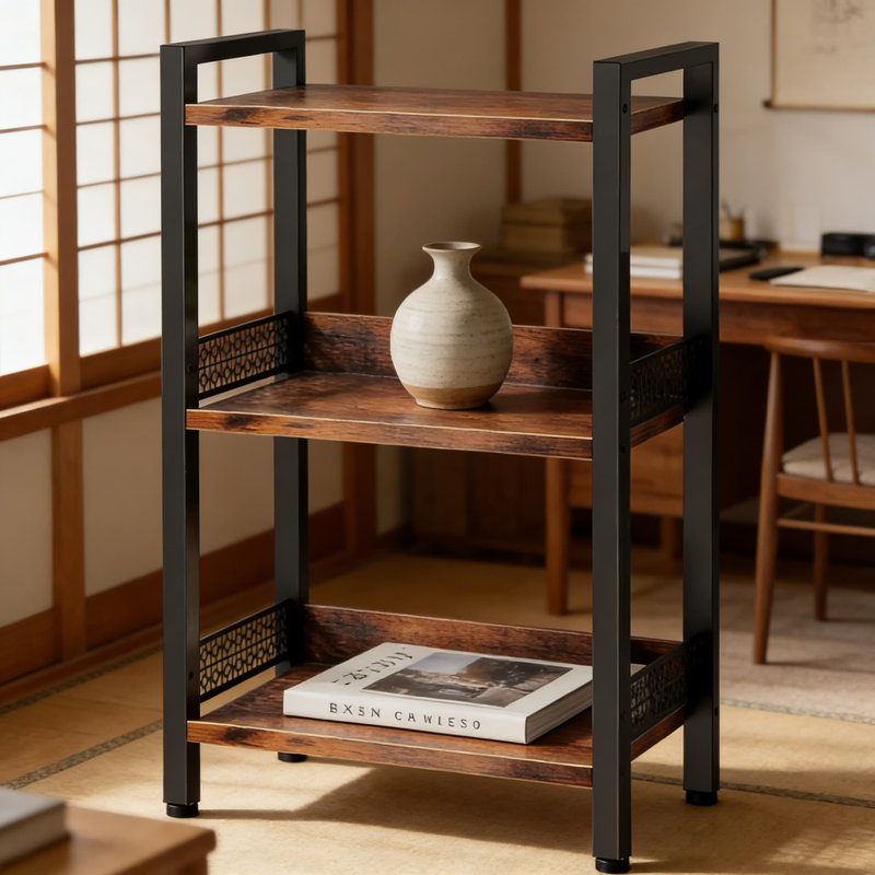 Bibliothèque à 3 niveaux avec panneau arrière, tablette de rangement industrielle pour la maison, le bureau, la chambre à coucher et le salon, conception peu encombrante pour les livres et la décoration