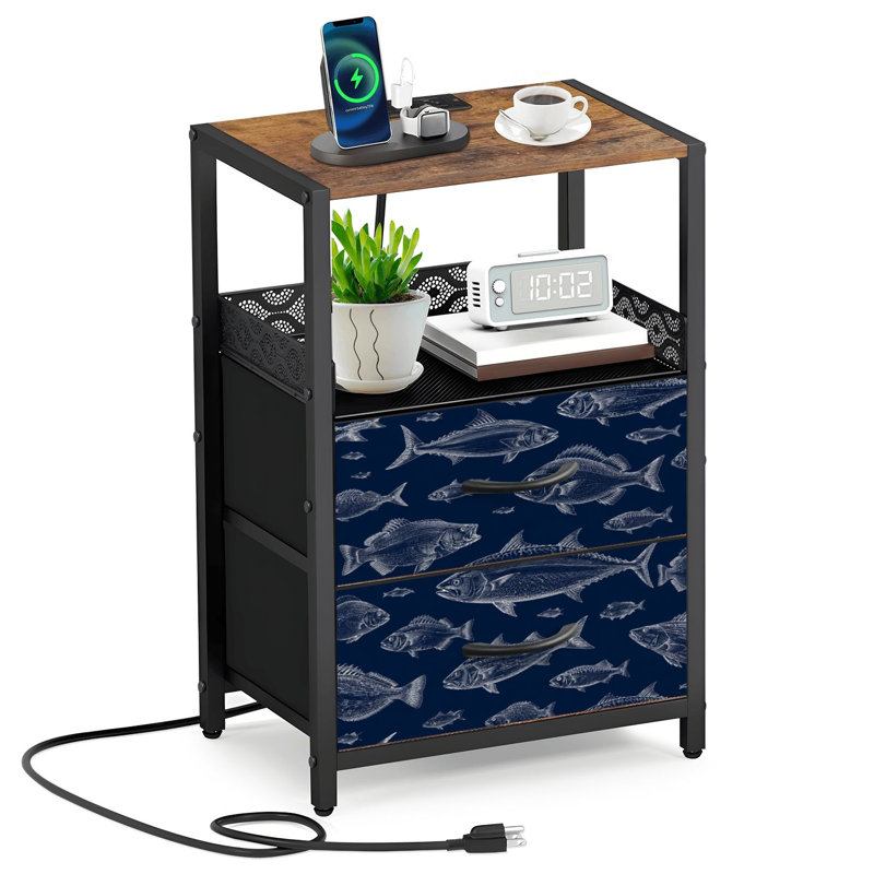 Table de chevet à 2 tiroirs en tissu avec station de charge et table de chevet avec passe-partout et ports USB