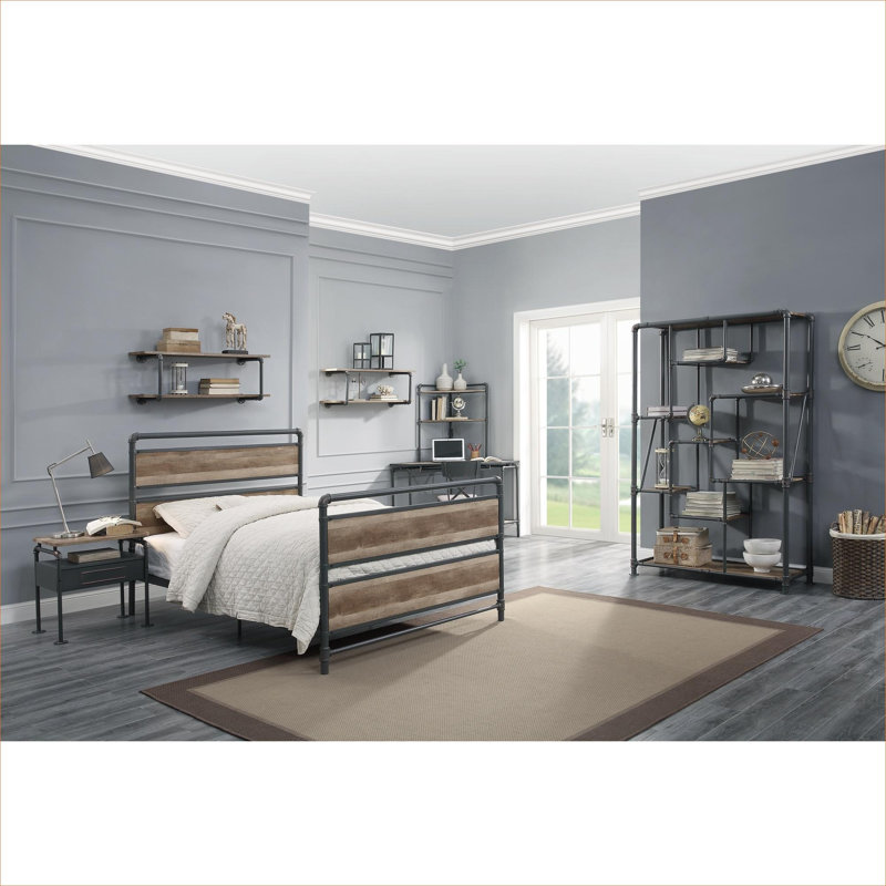 Étagère murale à 2 niveaux avec rangement compact en bois naturel et métal gris ardoise pour l'organisation à la maison