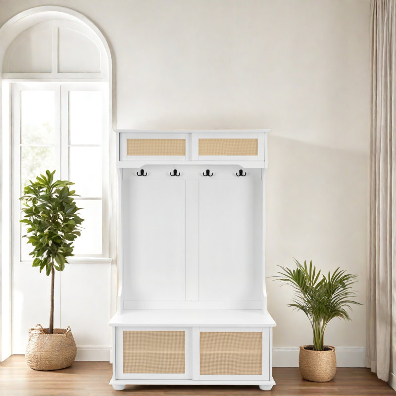 Banc de hall d'entrée avec tablettes en rotin et porte-chaussures, Blanc