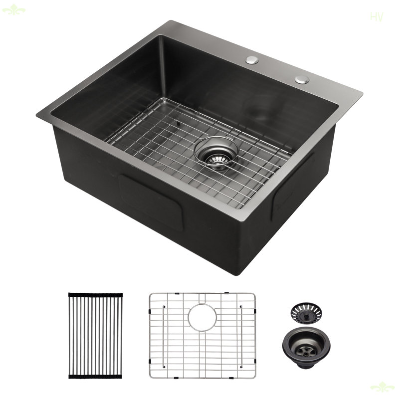 Évier de cuisine encastré 25 po x 22 po à cuve simple en acier inoxydable de calibre 16 profond Topmount, Noir mat