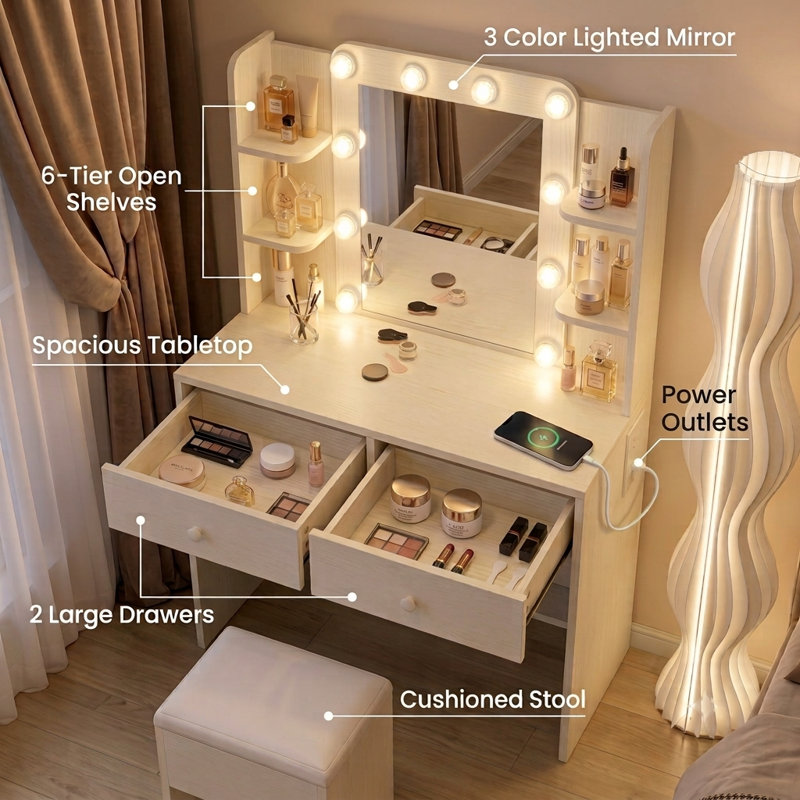 Vanity Set With Lighting Mirror And 6 Open Shelves, 2 Drawers And Storage Stool