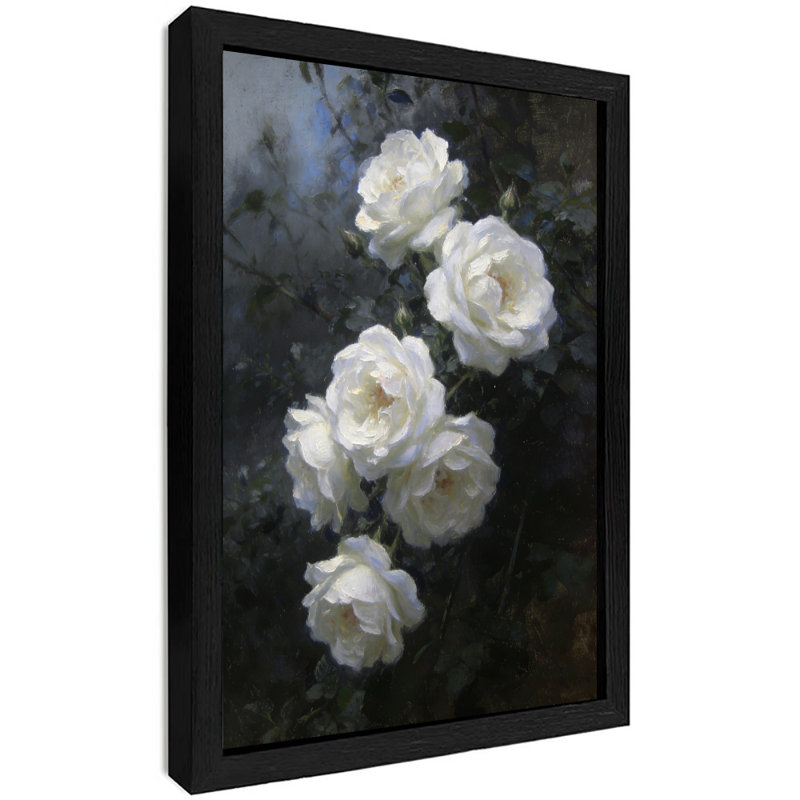 Reproduction d'art encadré noir et rose blanche dans la brume, H 17 po x l 13 po