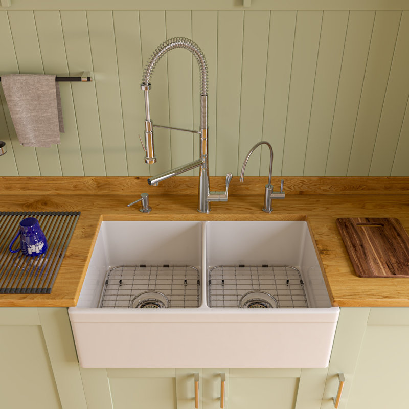 32.75'' L Double Bowl Fireclay Kitchen Sink, White