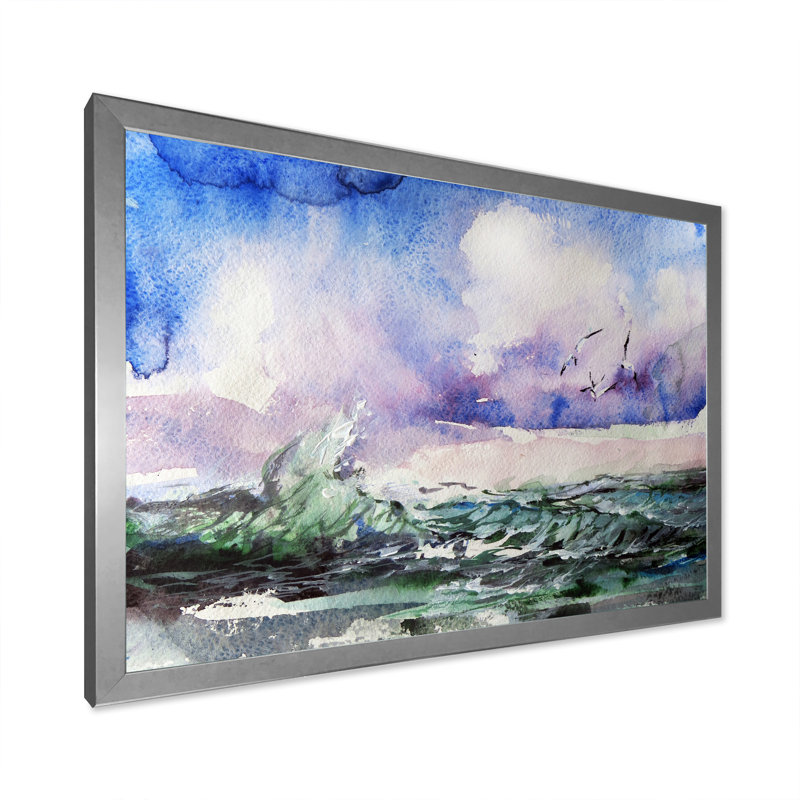 " Wave And Sea Gulls VIII ", 16" H x 32" W x 1" D, Silver Picture Framed