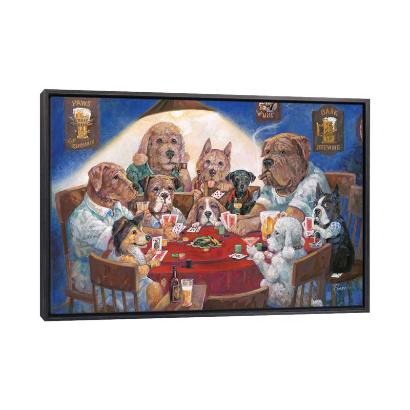 «Poker Dogs» par Ruane Manning - reproduction d'art, H 32 po x l 48 po x P 1,5 po, Toile avec cadre noir patiné, Aucun mat