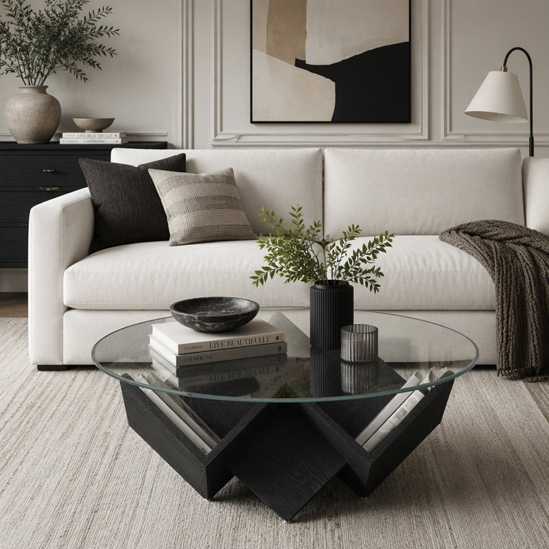 Table basse ronde avec piètement Art déco, dessus en verre et tablettes de rangement, Transparent / noir
