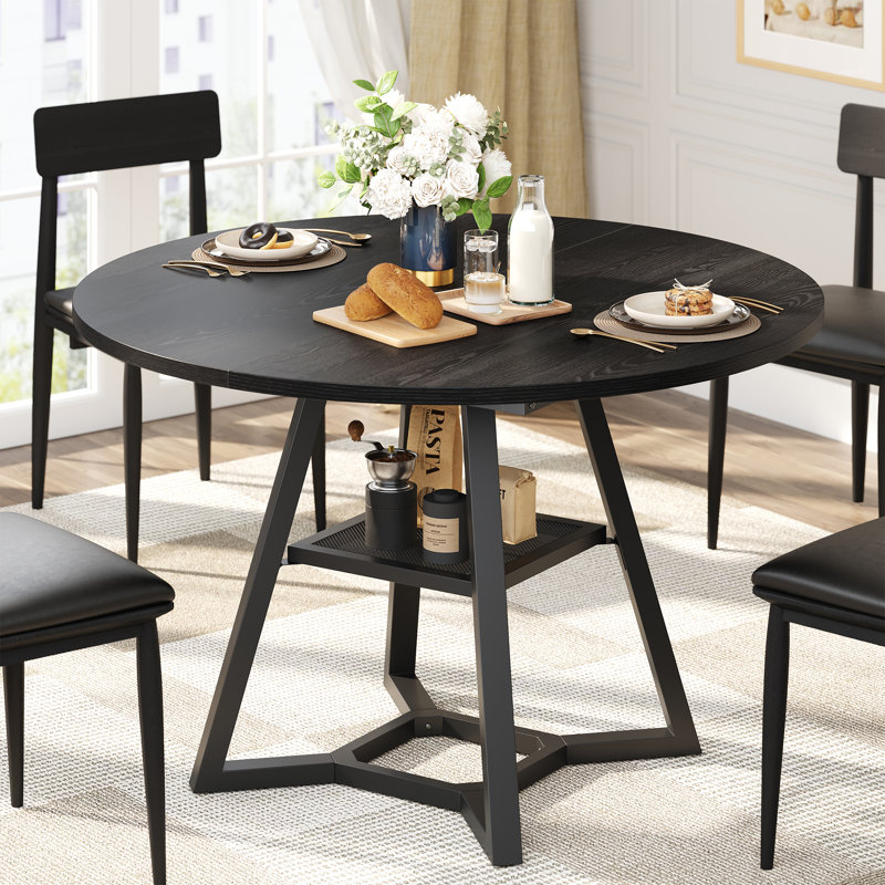 47 Inch Round Dining Table For 4, Kitchen Tables Circle Dinner Table With Metal Pedestal Base & Storage Shelf, Industrial Dining Room Table, Space Saving Wooden Table For Small Kitchen, Living Room, Black