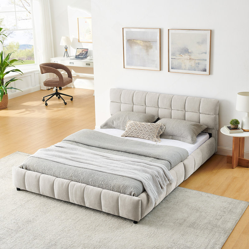 Lit tapissier avec tête de lit et tiroir de rangement, Beige