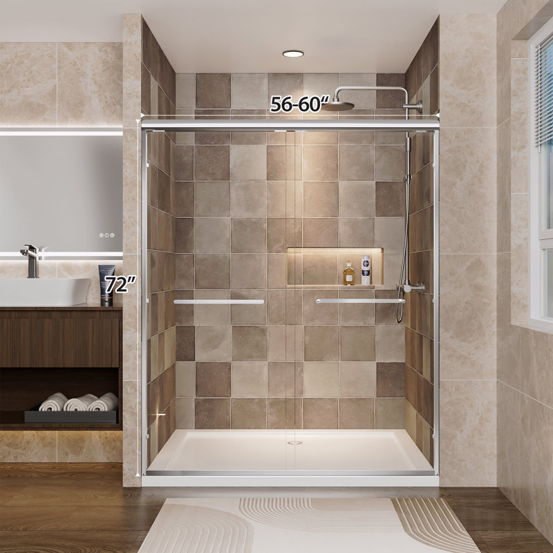 Aluminum Frame Material Double Sliding Opening Shower Door  - 1/4" (6Mm) Clear Tempered Glass With Explosion-Proof Film, Dual Stainless Steel Handles