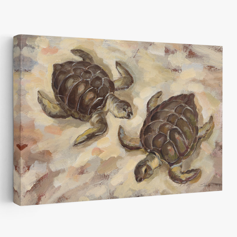 Tortues de mer sur le sable - Art animalier beige sur plage, H 16 po x l 24 po