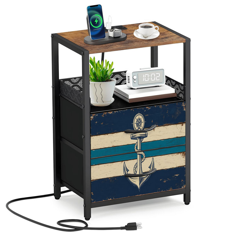 Table de chevet 2 tiroirs en tissu avec station de charge Coastal Rustic Beach