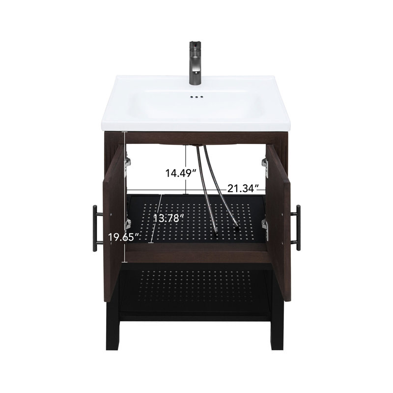 24" Freestanding Bathroom Vanity, White Smooth Sink, Textured Aluminum Faucet, Doors, Hollowed - Out Shelves, Hinges, Metal Handles, Oxidized Frame Vanity Unit, Seamless Matte Open Iron Shelf,