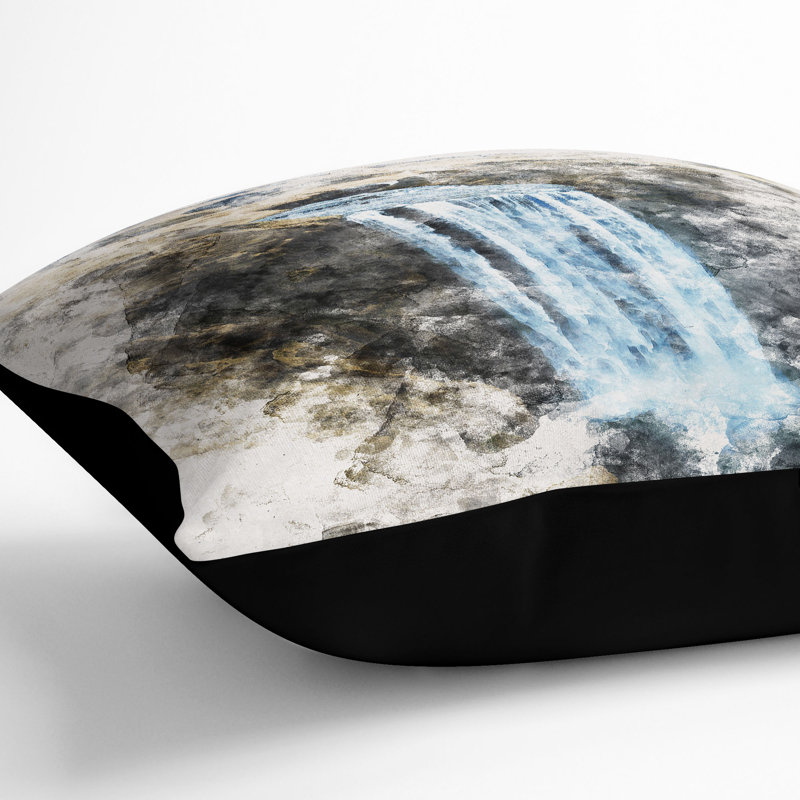Skogafoss Waterfall Cushion with Filling, 55cm H x 55cm W x 20cm D, Black