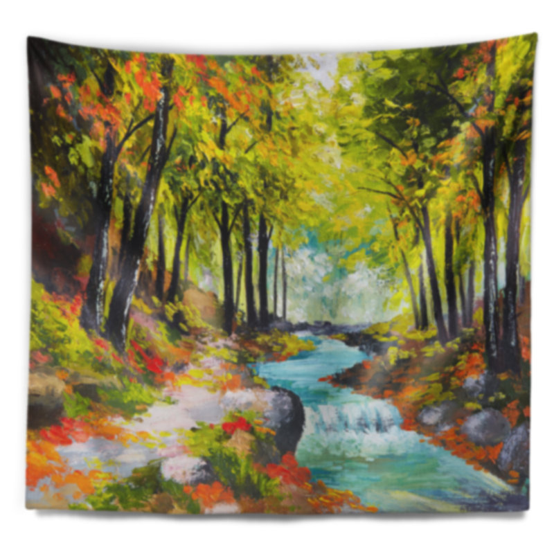 Paysage, rivière, vert, automne, tapisserie, forêt, H 50 po x l 60 po