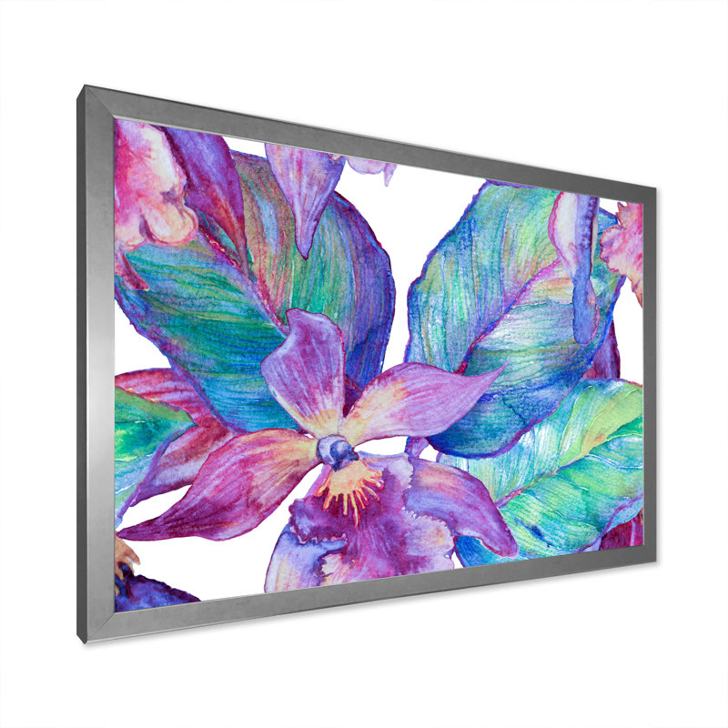 Turquoise et orchidée mauve - peinture sur toile, H 12 po x l 20 po, Cadre photo argenté
