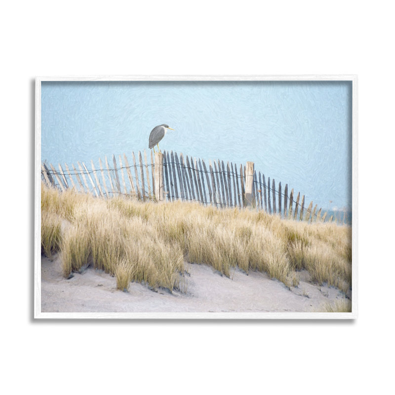 Oiseau perché, clôture de plage nautique, estampe numérique par Steve Hunziker, H 16 po x l 20 po x P 1,5 po