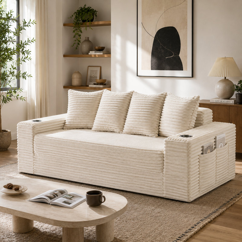 Canapé-lit convertible compressible de 77 pouces, conception avant extensible avec poches de rangement et porte-gobelets pour utilisation à domicile