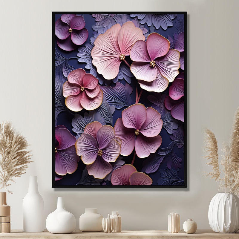 Rétro fleurs violettes - art mural violet, H 20 po x l 12 po x P 1 po, Toile avec cadre flottant noir
