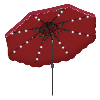 10 FT Solar LED Patio Umbrella, Push-Button Tilt & Crank, 24 LED Lights & 8 Ribs Red