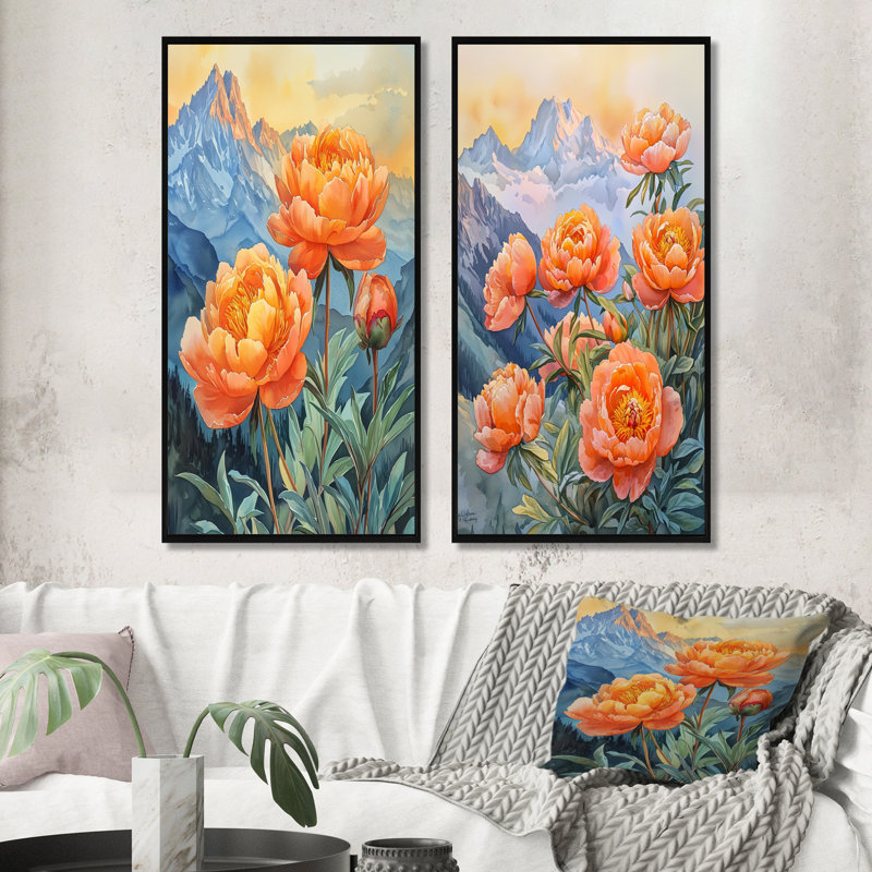 Pivoines d'été et le lever du soleil I - Collection d'art mural floral 2 panneaux, H 40 po x l 41 po, Cadre flottant noir