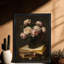 Reproduction d'art encadrée noire avec roses rétro en fleurs dans des livres-1763354855