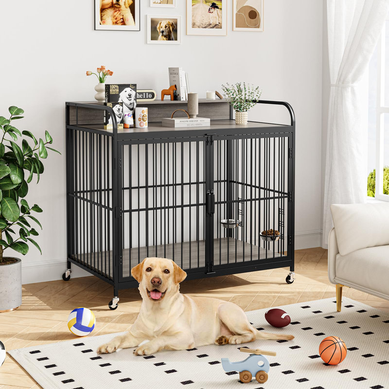 Mobilier de cage pour chien, cage pour chien d'intérieur avec mangeoire rotative à hauteur réglable, Gris