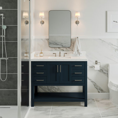 ARIEL Moille 42" Single Bathroom Vanity in Midnight Blue, with 1.5 Carrara White Quartz Top, Rectangle Sink