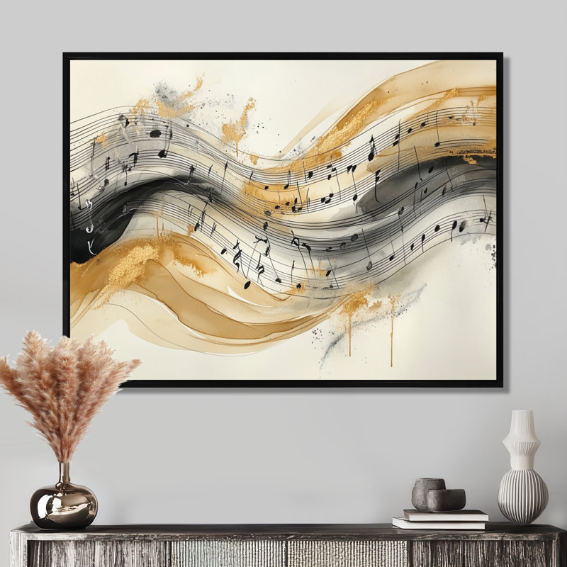 «Beige Notes on a Flowing Staff I», musique encadrée, art mural sur toile, H 16 po x l 32 po, Cadre flottant noir