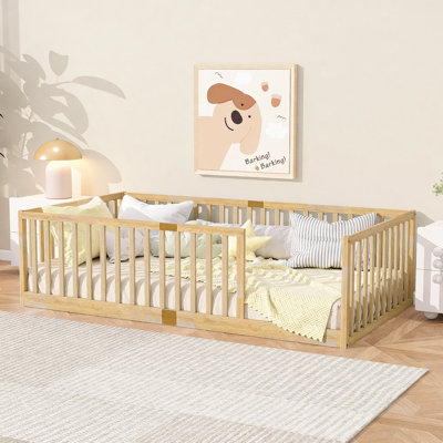 Lit simple au sol avec garde-corps haute, 6 lattes incluses, lit en bois d'hévéa avec garde-corps de sécurité, sans porte, naturel