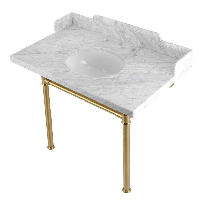 Kingston Brass Wesselman 36-Inch Carrara Marble Console Sink with Stainless Steel Legs (8-Inch, 3-Hole)