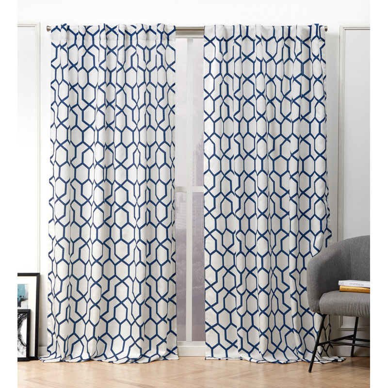 Nicole Miller Hexa Geometric Print Hidden Tab/Rod Pocket Top Light Filtering Curtain Panel Pair, Indigo Blue, 54" x 96"