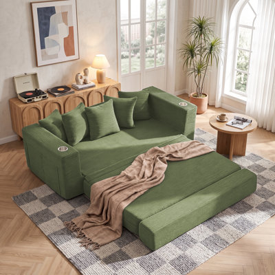 Boneless Compression Corduroy Convertible Sleeper Sofa Bed, 2-in-1 Loveseat Sofa with Cup Holders & Side Storage Pocket