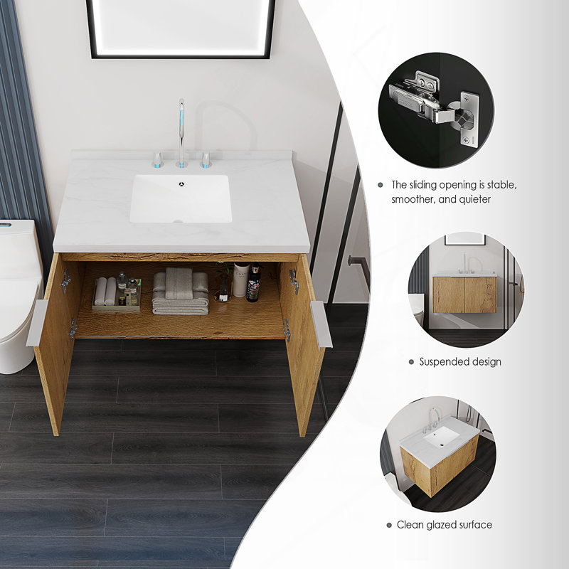Meuble-lavabo suspendu avec portes à fermeture en douceur, Light Oak, 36" W