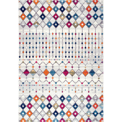 Tapis marocain clair tissé à la machine ivoire, beige, gris, bleu, orange et magenta Clair