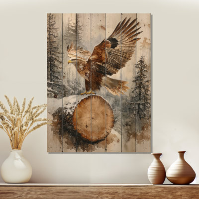 Aigle vol du chasseur en hiver I - Décoration murale en bois d'aigle animal - sur bois de pin naturel