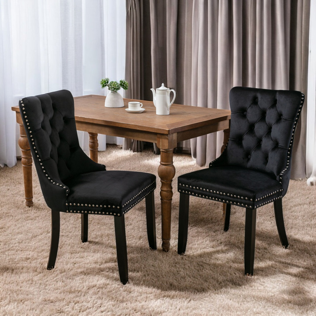 Miya Upholstered Velvet Dining Chair Button Tufted with Brushed Wood Legs Kitchen Lounge Chairs