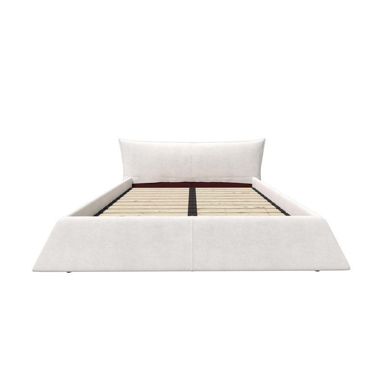 Upholstered Platform Bed with Special Shaped Velvet Headboard, Metal & Solid Wood Frame, White, King