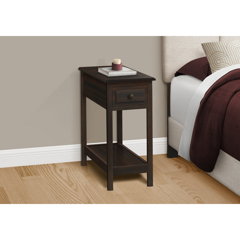 Table d'appoint, 2 niveaux, table de bout, table de bout, étroite, table de chevet, chambre à coucher, tiroir de rangement, lampe, placage brun, transitionnel