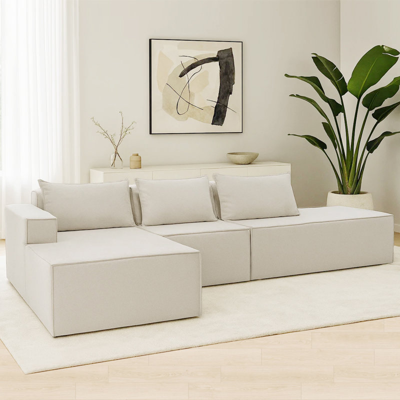 Canapé en chenille 3 pièces sans assemblage requis, Chenille beige, H 27,6 po x l 115,1 po x P 70,9 po, Orienté à droite