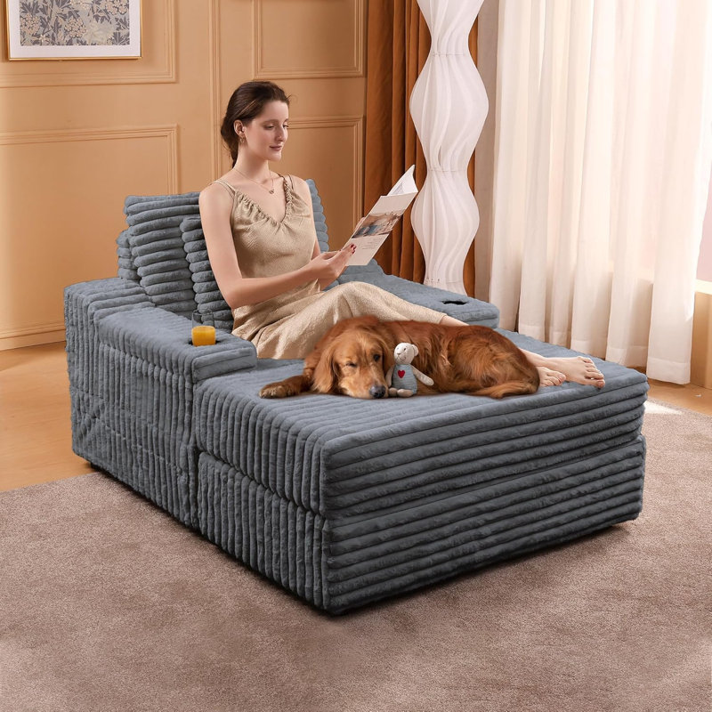 Chaise longue avec repose-pieds convertible Corduroy, Gris