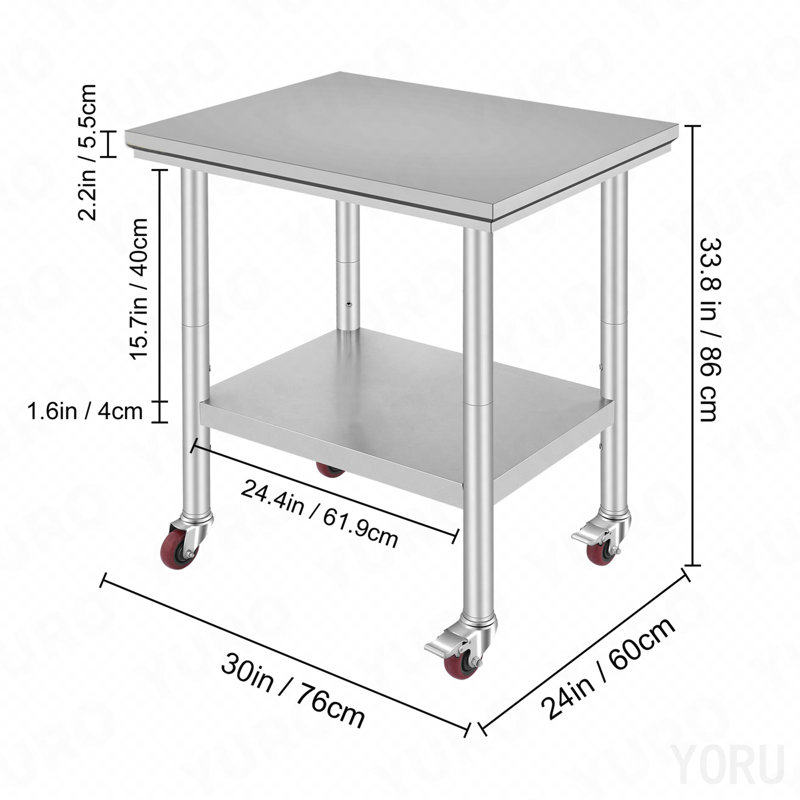 Table de préparation en acier inoxydable avec roulettes 24 x 30 avec roulettes