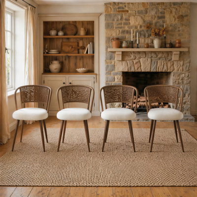 Dining Chairs Set of 4, Upholstered Rattan Dining Chairs with Woven Back, Metal Legs and Adjustable Feet for Kitchen and Dining Room