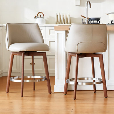 Modern Counter Height Bar Stools Set of 2, 26'' Swivel Bar Stools with Backs Sturdy Solid Wood Legs,Khaki Faux Leather Counter Stools for Kitchen Island